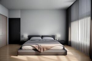 Minimalist Serenity A Modern Bedroom with Soft Lighting. AI Generated. photo