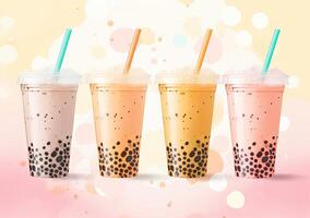 Generative AI illustration of product photo of 3 plastic cups of boba milk tea, with bubbles, fun, solid soft pastel background