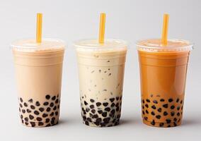 illustration of product photo of 3 plastic cups of boba milk tea, with bubbles, fun, solid soft pastel background