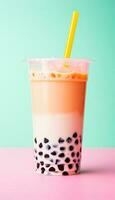 Generative AI illustration of product photo plastic cup of boba milk tea, with bubbles, fun, pastel background