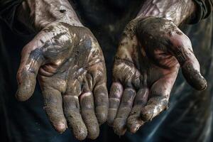 Generative AI illustration of dirty hands of workers, farmers. Concept hard work. photo