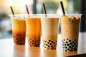 Generative AI illustration of plastic cups of boba milk tea, with bubbles, close-up shot, depth of field, gourmet dessert, blurry background photo