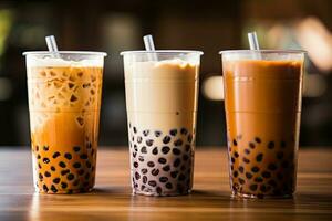 Generative AI illustration of plastic cups of boba milk tea, with bubbles, close-up shot, depth of field, gourmet dessert, blurry background photo