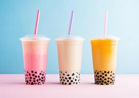 Generative AI illustration of product photo of 3 plastic cups of boba milk tea, with bubbles, fun, solid soft pastel background