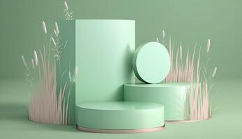 Generative AI illustration of 3D display podium pastel green background, Natural green grass. Spring and summer, nature minimal pedestal. Beauty, cosmetic product presentation with shadow, mock up photo