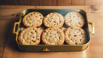 nostálgico delicias Clásico Galleta estaño lleno con recién horneado pacana galletas. ai generado. foto