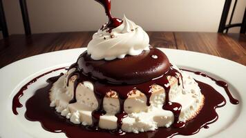 Gooey Delight Celebrating National Hot Fudge Sundae Day. AI Generated. photo