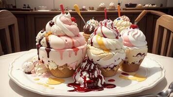 Mouthwatering Ice Cream Sundae on a Decorated Plate. . photo