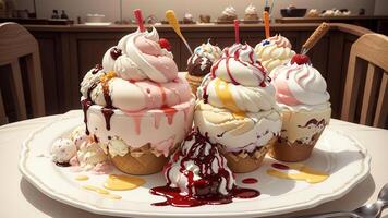 Mouthwatering Ice Cream Sundae on a Decorated Plate. AI Generated. photo