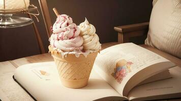 Sweet Reads A Whimsical Ice Cream Cone Bookmark for National Ice Cream Cone Day. AI Generated. photo