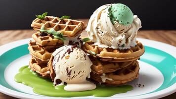 Melting Delight Green Tea Ice Cream on a Waffle. . photo