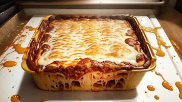 Tempting Lasagna Pan for National Lasagna Day. AI Generated. photo