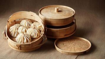 Serenity in Steaming Embracing National Dumpling Day with Bamboo Steamer Art. AI Generated. photo