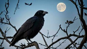 medianoche vigilante el enigmático presencia de un negro cuervo. ai generado. foto