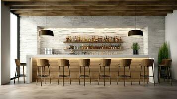 White wall bar interior with a wooden floor Generative AI photo