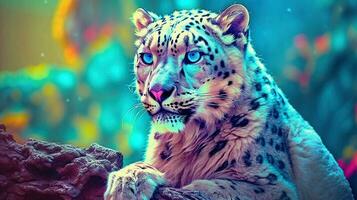 Snow leopard, vibrant colors, Generative AI photo