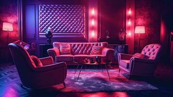 Modern room with violet light and red light illumination Generative AI photo