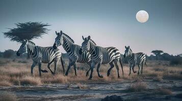 grupo de cebras corriendo a través de el africano sabana con lleno Luna ai generado imagen foto