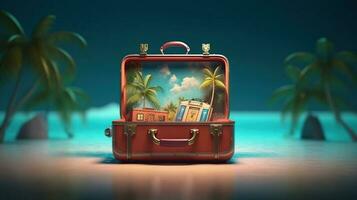 open travel suitcase with exotic destination inside Generative AI photo