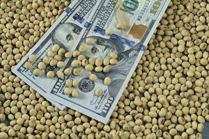 Dollars banknotes and coins and soy beans,oleaginous commoditi value concept. photo