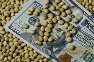 Dollars banknotes and coins and soy beans, commoditi value concept. photo