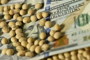 Dollars banknotes and coins and soy beans, commoditi value concept. photo