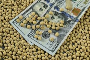 Dollars banknotes and coins and soy beans, commoditi value concept. photo