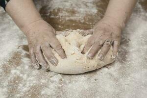 Hands kneading dough for gnocchi. photo