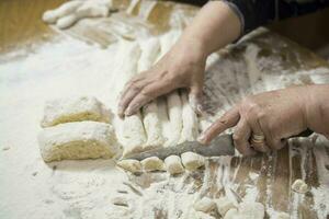 Mass of handmade gnocchi and cooking elements photo