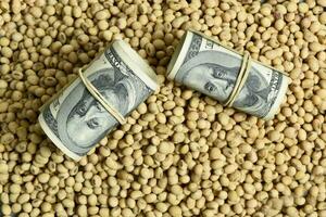 Dollars banknotes and coins and soy beans,oleaginous commoditi value concept. photo