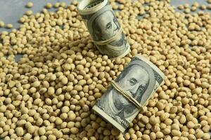 Dollars banknotes and coins and soy beans,oleaginous commoditi value concept. photo