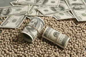 Dollars banknotes and coins and soy beans,oleaginous commoditi value concept. photo