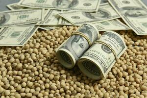 Dollars banknotes and coins and soy beans,oleaginous commoditi value concept. photo