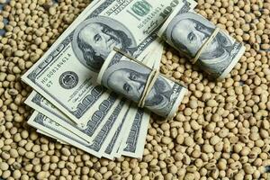 Dollars banknotes and coins and soy beans,oleaginous commoditi value concept. photo