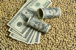 Dollars banknotes and coins and soy beans,oleaginous commoditi value concept. photo