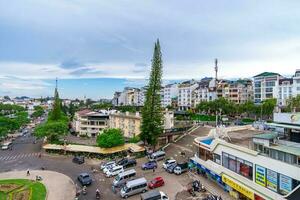 Da Lat, Viet Nam - 3 June 2023 View from Da Lat Market in the morning, Traffic Center Landmark in Da Lat city photo