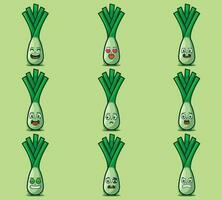 Cute and kawaii leeks character emoticon expression illustration set vector