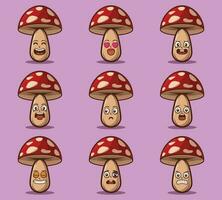 Cute and kawaii mushroom character emoticon expression illustration set vector