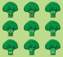 Cute and kawaii broccoli character emoticon expression illustration set vector