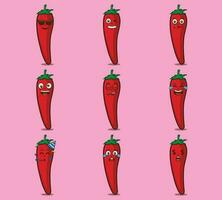 linda y kawaii chile vegetales emoticon personaje expresión ilustración conjunto vector