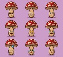 Cute and kawaii mushroom vegetables emoticon character expression illustration set vector