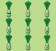 Cute and kawaii leeks vegetables emoticon character expression illustration set vector