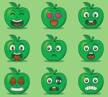 Vector cute green apple emoticon expressions set