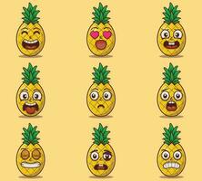 Cute and kawaii pinepples emoticon expression illustration set vector
