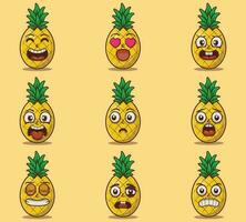 Cute and kawaii pinepples emoticon expression illustration set vector