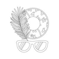 Beach set for summer trips. Sunglasses, palm leaves, inflatable circle.  Line art. vector