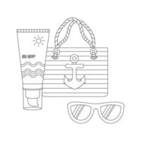 Beach set for summer trips. Sun cream, bag, sunglasses.  Line art. vector