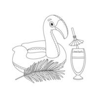 Beach set for summer trips. Cocktail,  palm leaves, inflatable circle flamingo. Line art. vector