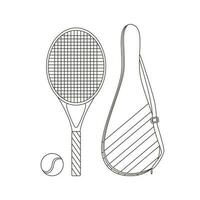 Racket and ball for big tennis, cover for tennis rackets. Various Sport equipment. Fitness inventory, gym accessories. Line art. vector