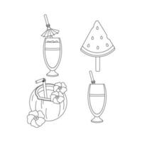 Beach set for summer trips. Cocktail coconut, watermelon ice cream. Line art. vector